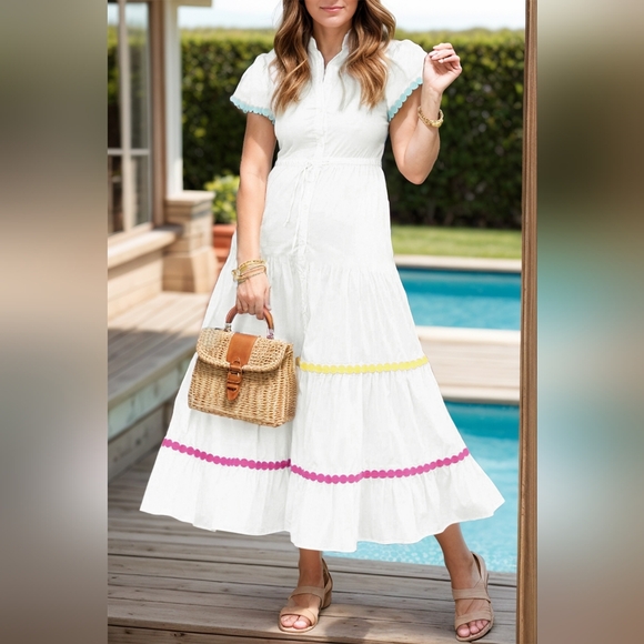NWT - Cotton White Contrast Trim Button Up Midi Dress - Size L - Picture 1 of 11